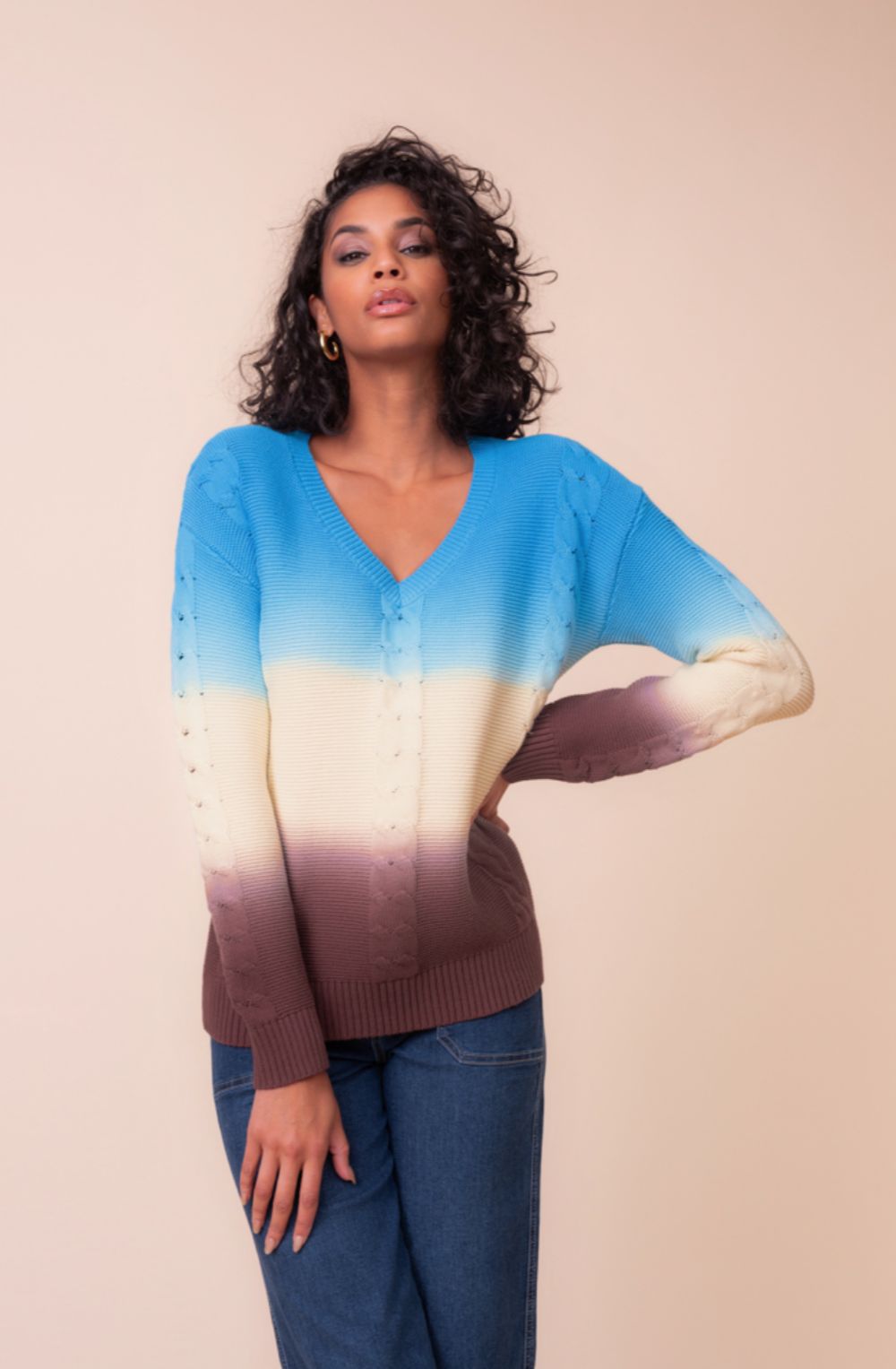 Teal Ombre V-Neck Cable Design Jumper