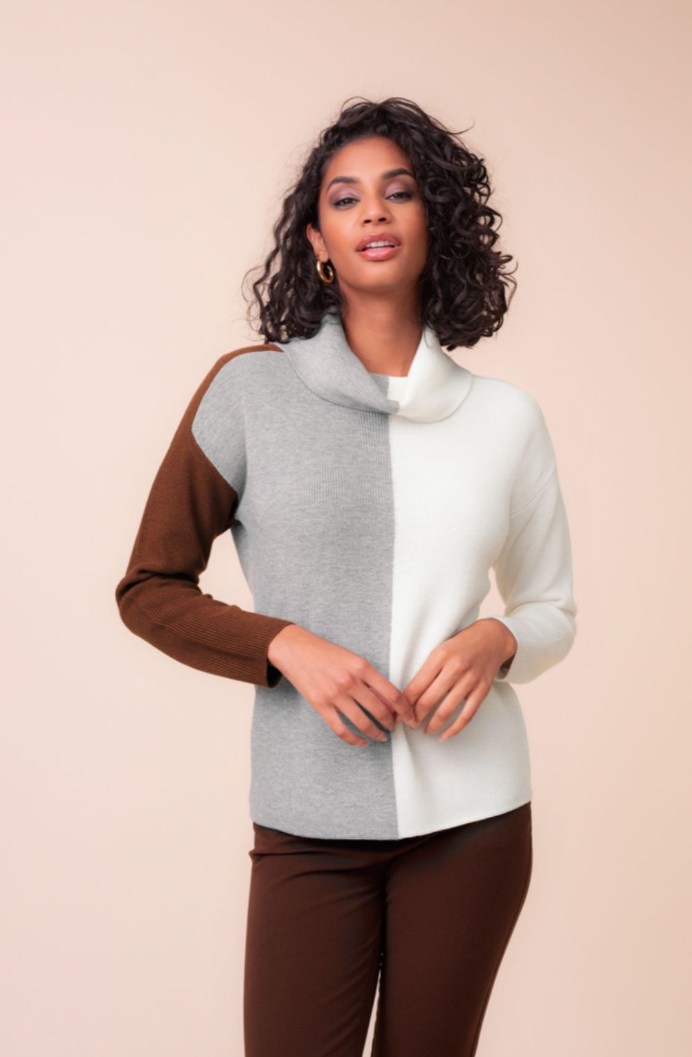 Grey Combo Block Design Cowl Neck Jumper