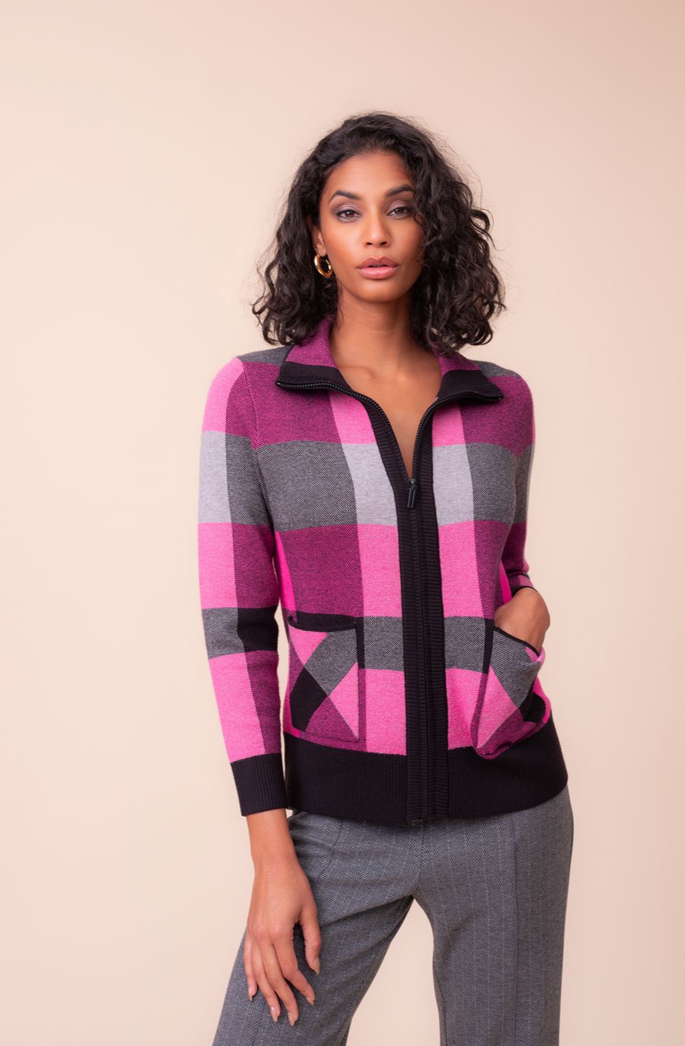 Fuchsia and Grey Chequered Cardigan