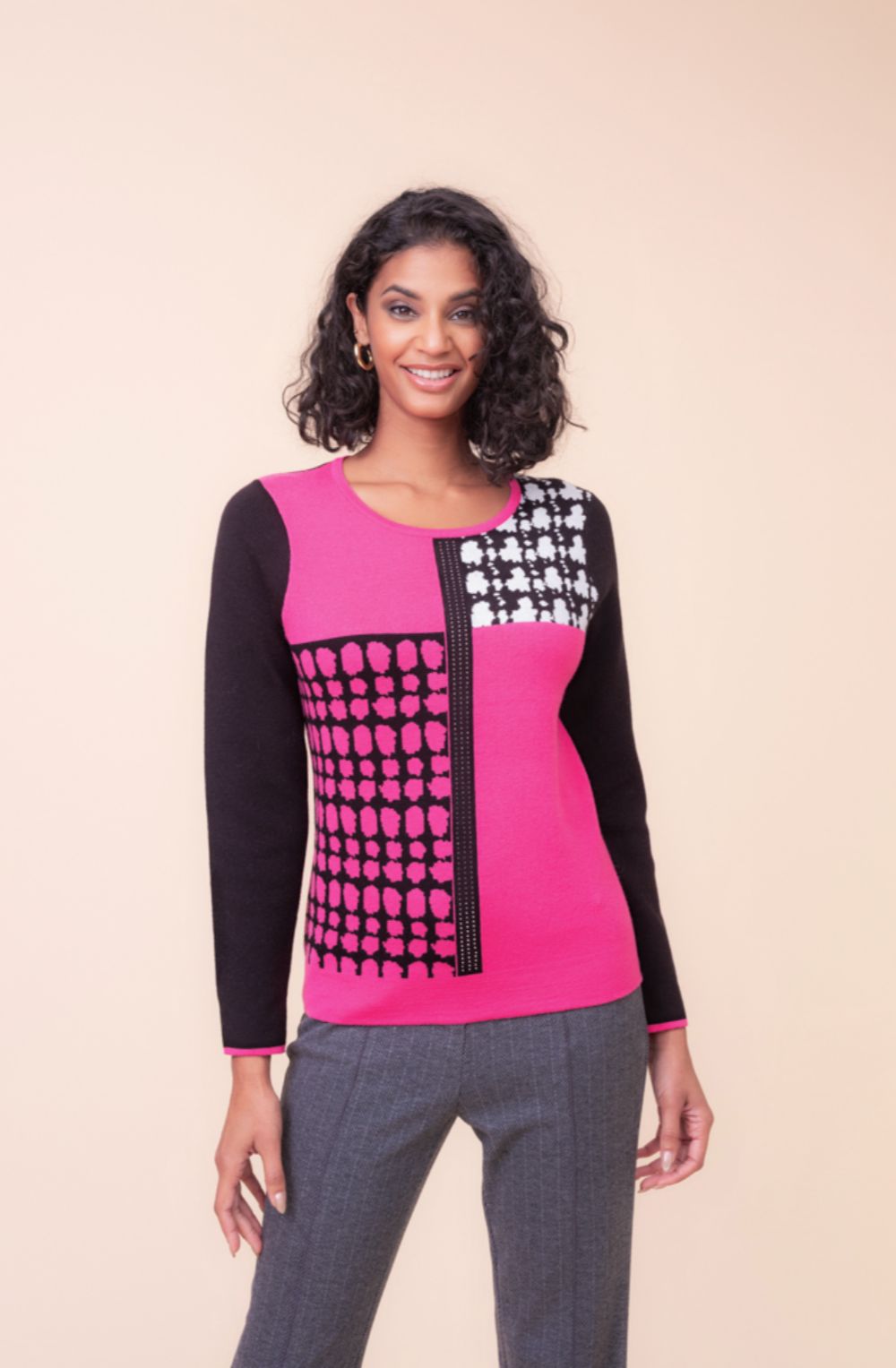 Fuchsia and Black Color Block Jumper