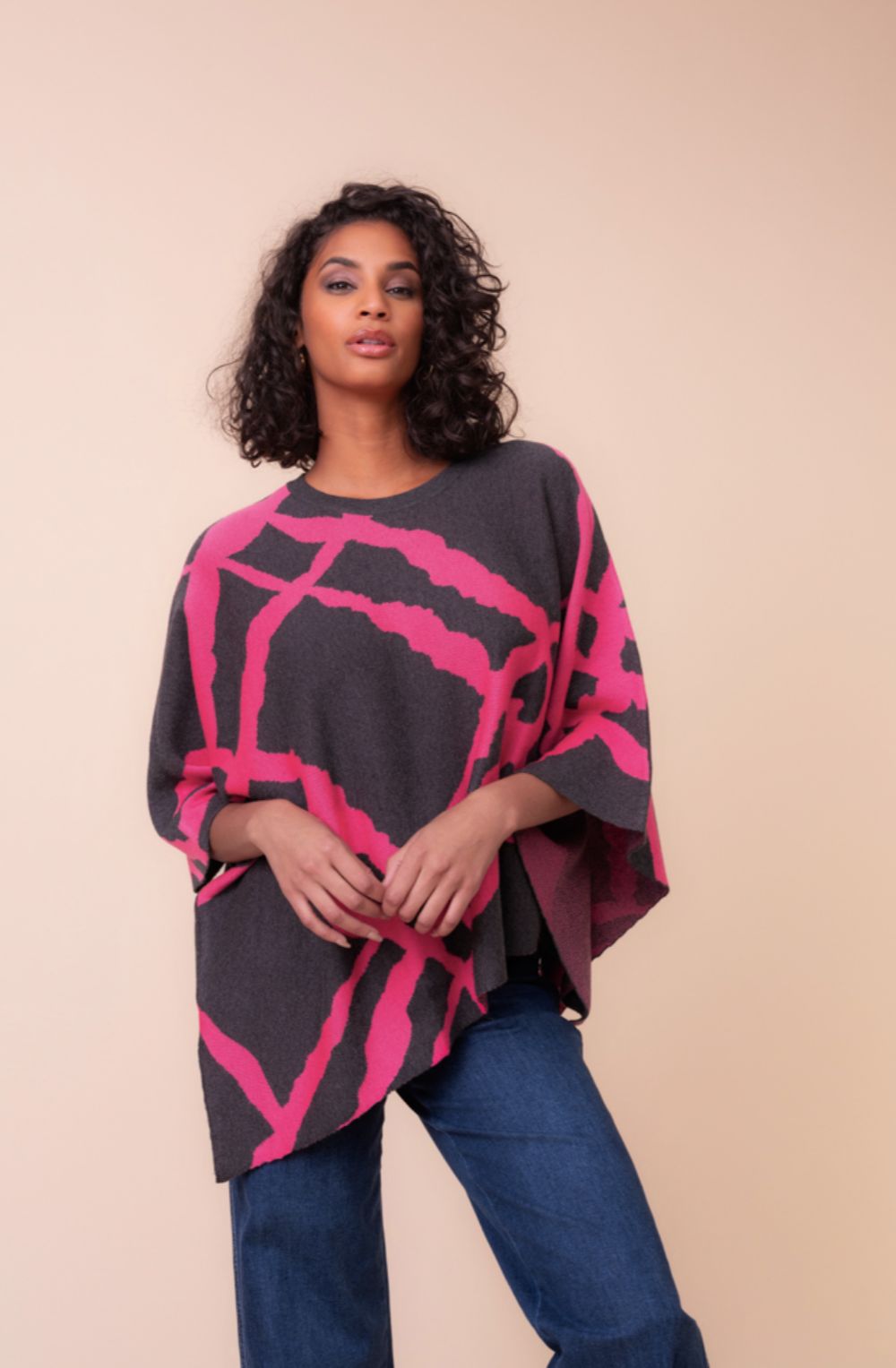 Fuchsia & Grey Bold Patterned Poncho