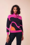 Fuchsia Bold Pattern Cowl Neck Jumper