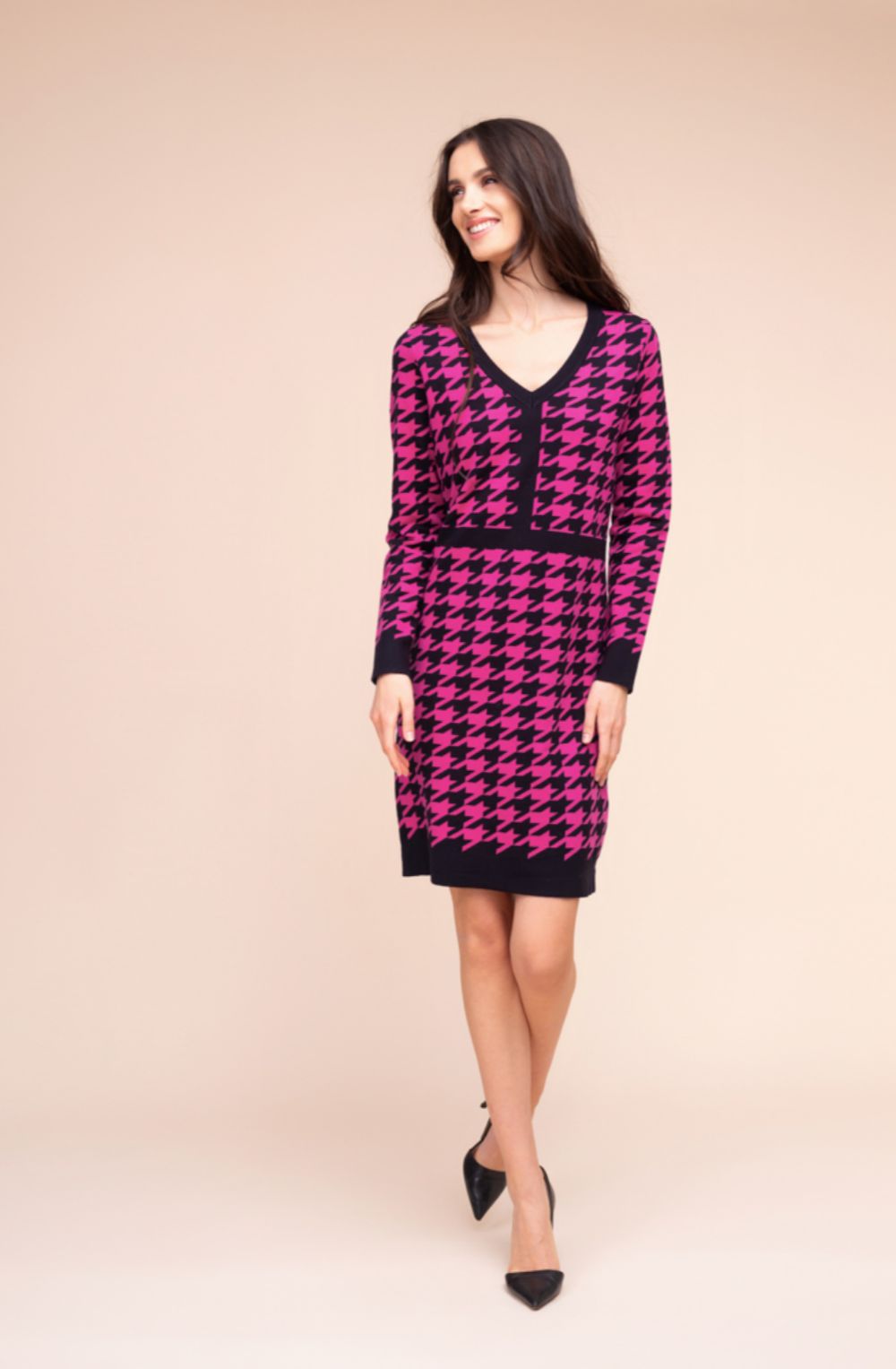 Fuchsia and Black Houndstooth Knitted Dress