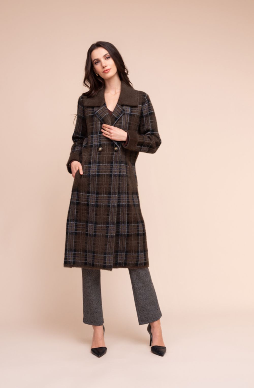 Brown and Blue Checked Knitted Coat