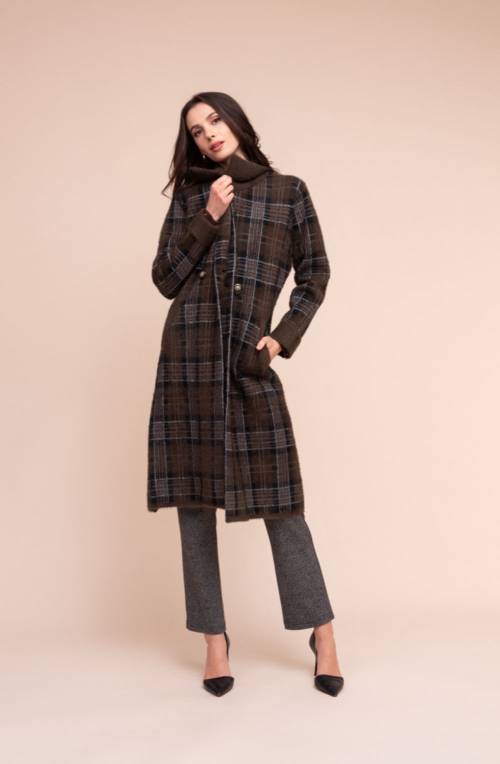 Brown and Blue Checked Knitted Coat