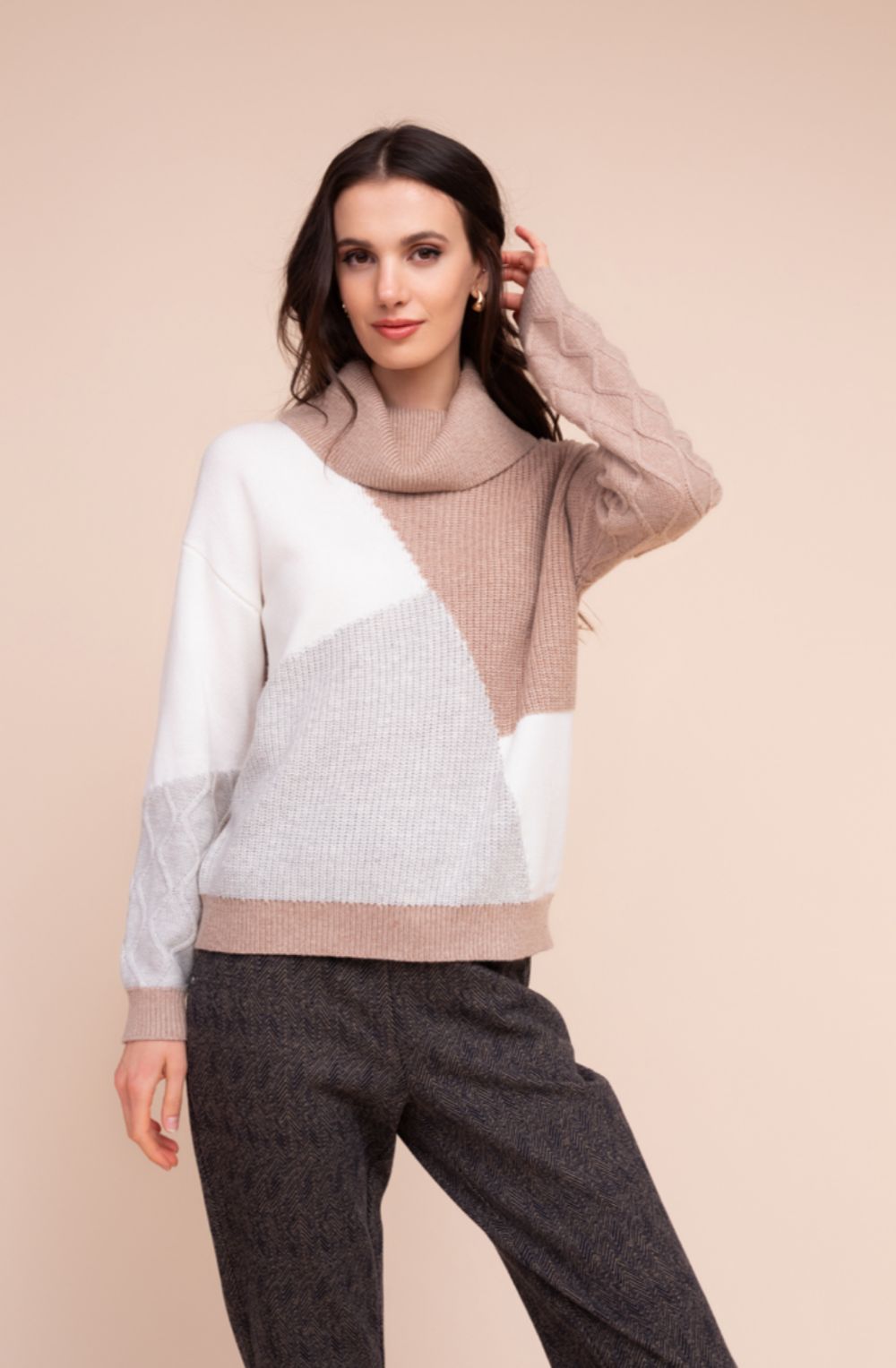 Beige and Cream Colour Block Cowl Neck Jumper