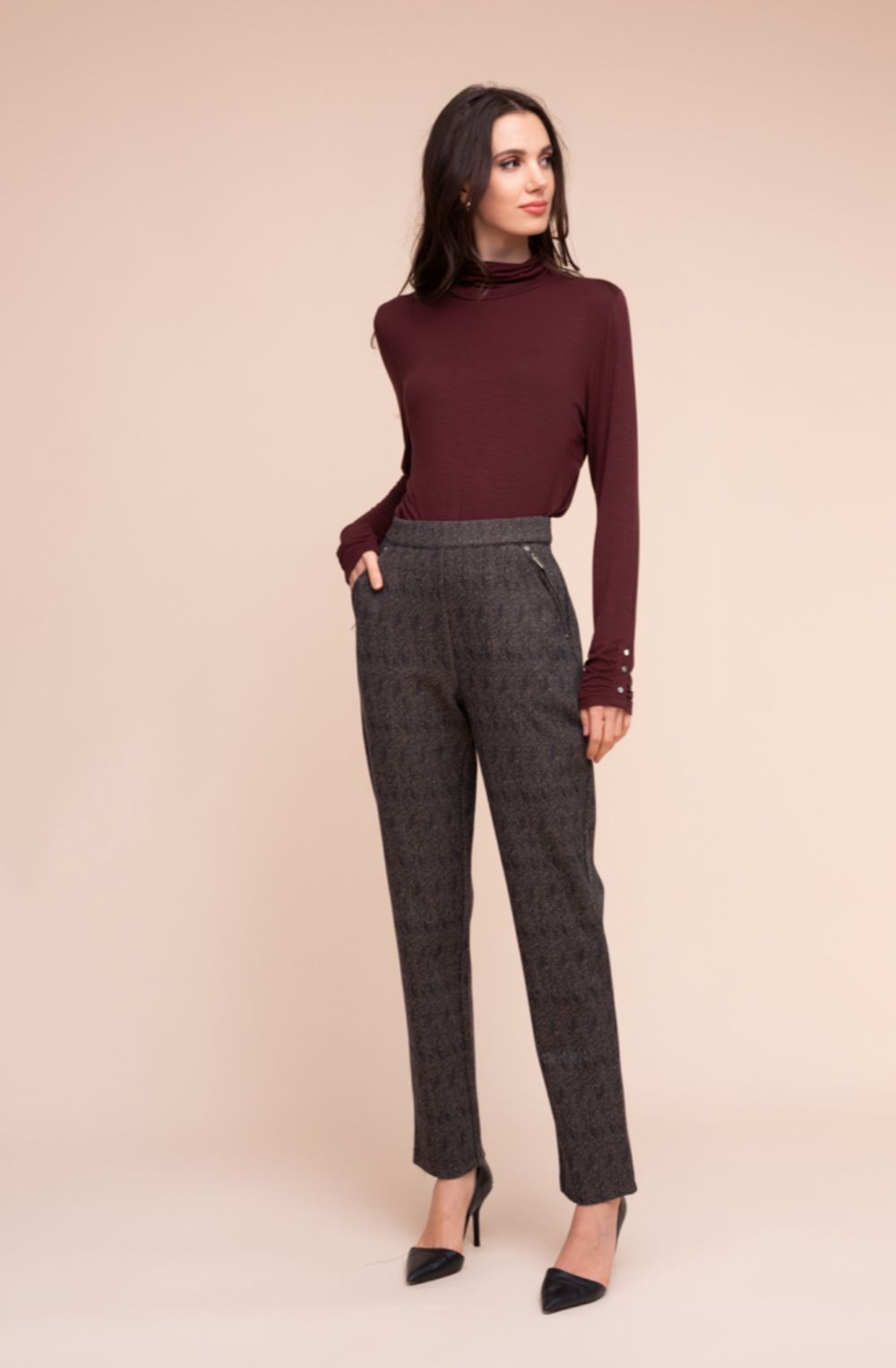 Grey Brown Chevron Tapered Trousers