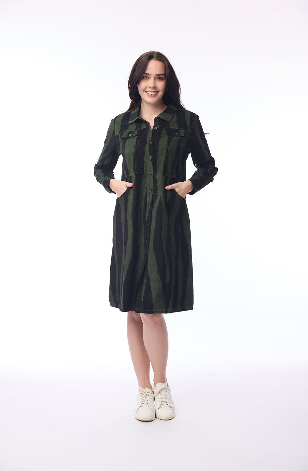 Military Green Patterned Corduroy Shirt Dress