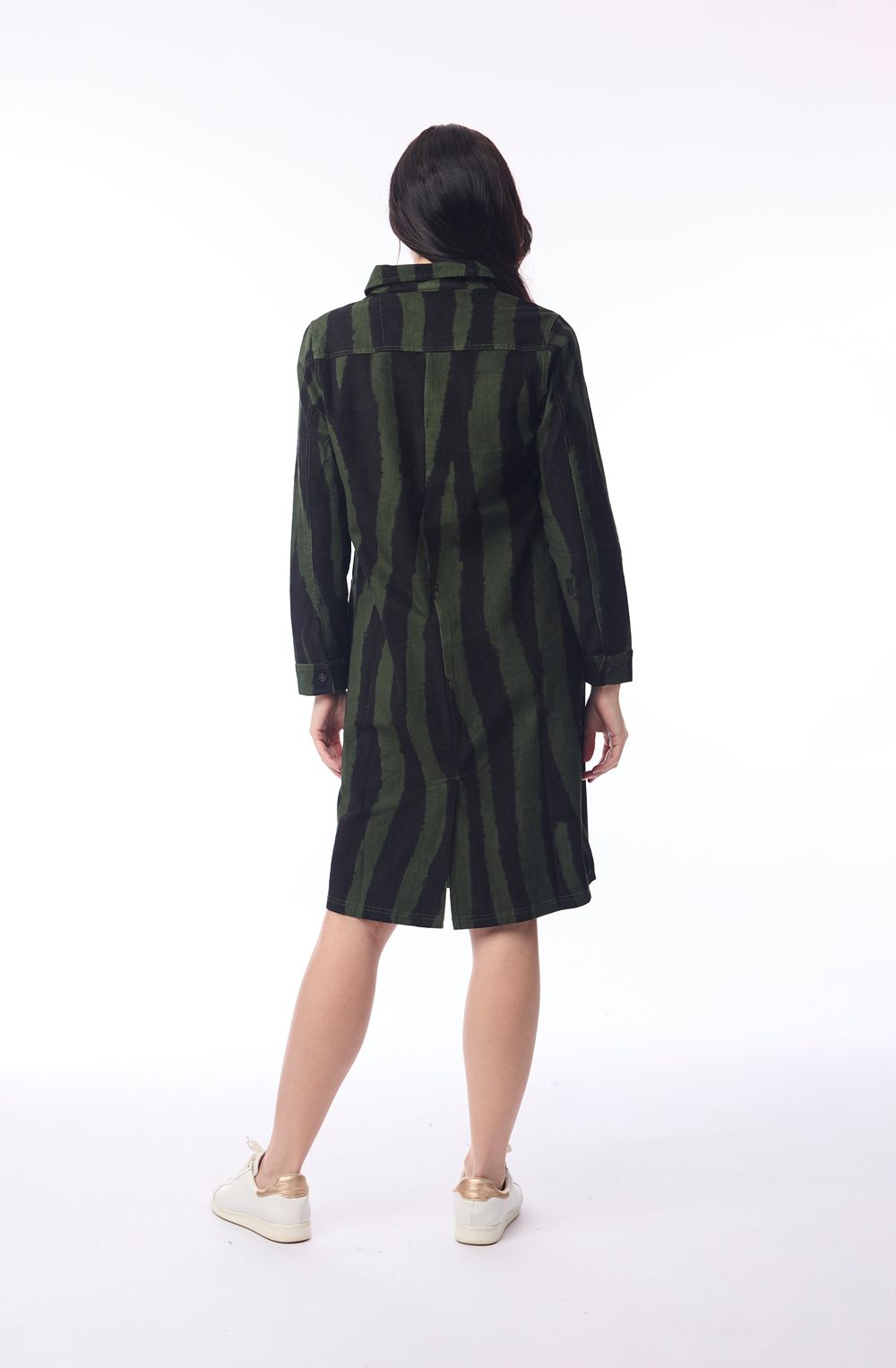 Military Green Patterned Corduroy Shirt Dress