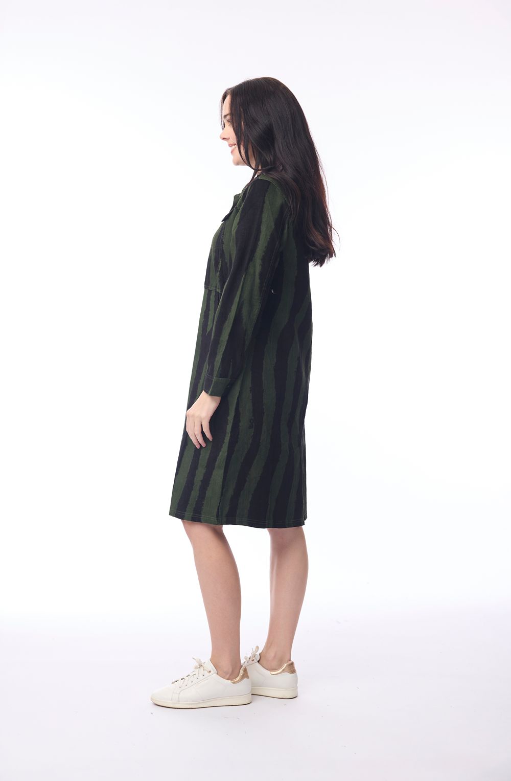 Military Green Patterned Corduroy Shirt Dress