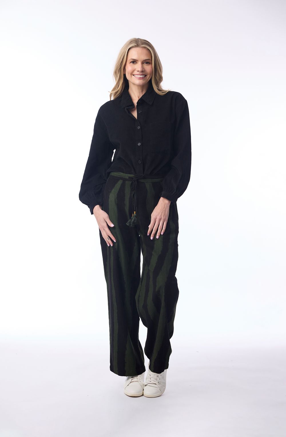 Military Green Patterned Corduroy Wide Leg Trousers