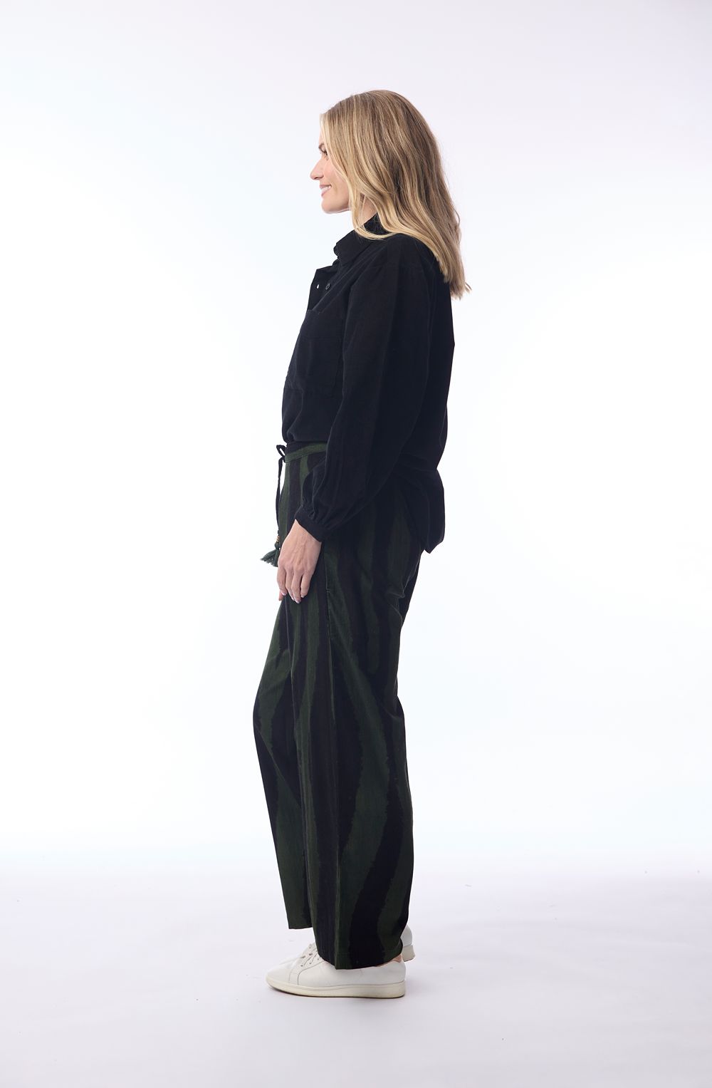 Military Green Patterned Corduroy Wide Leg Trousers