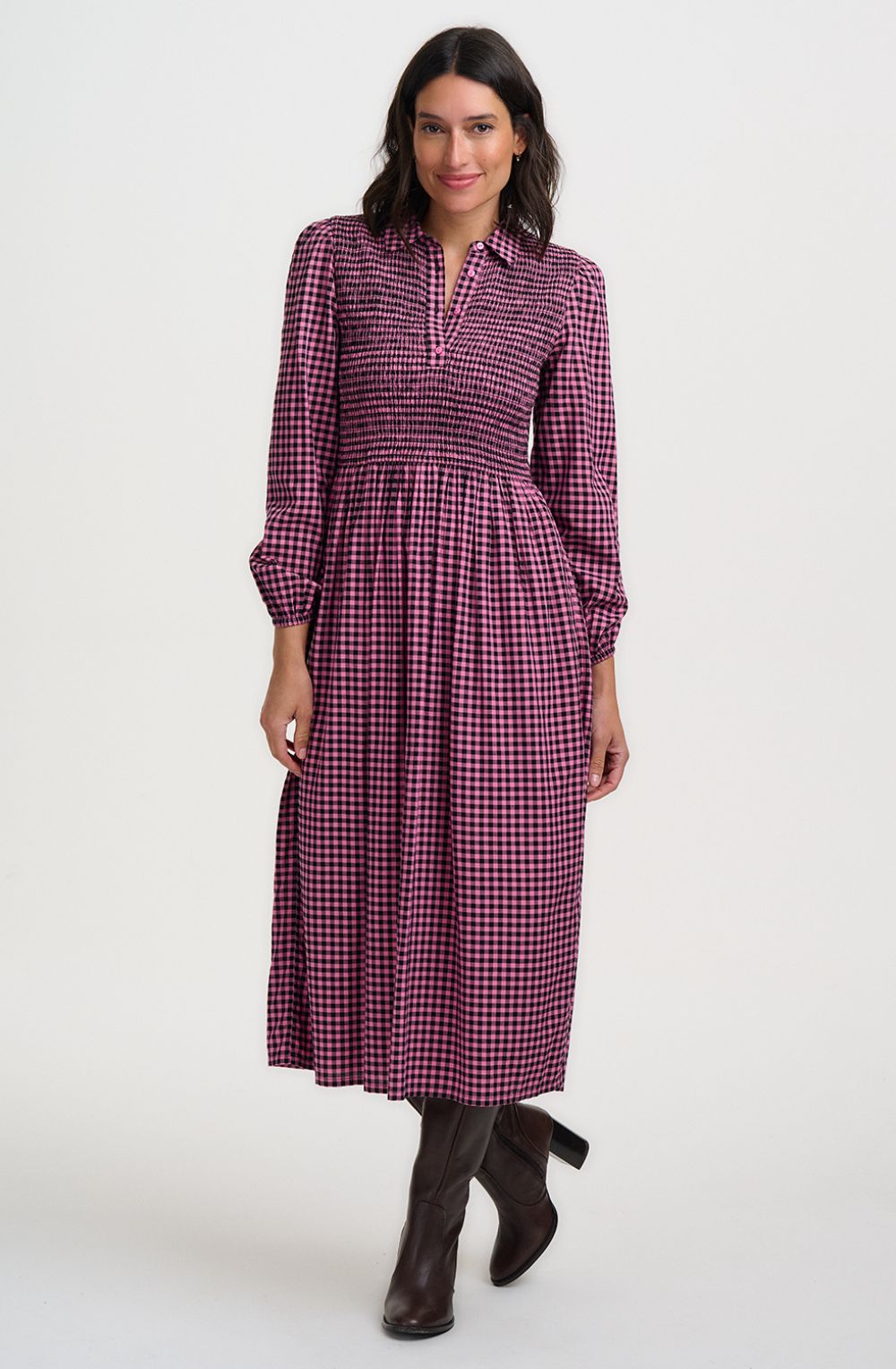 Rose Gingham Diana Shirred Midi Dress