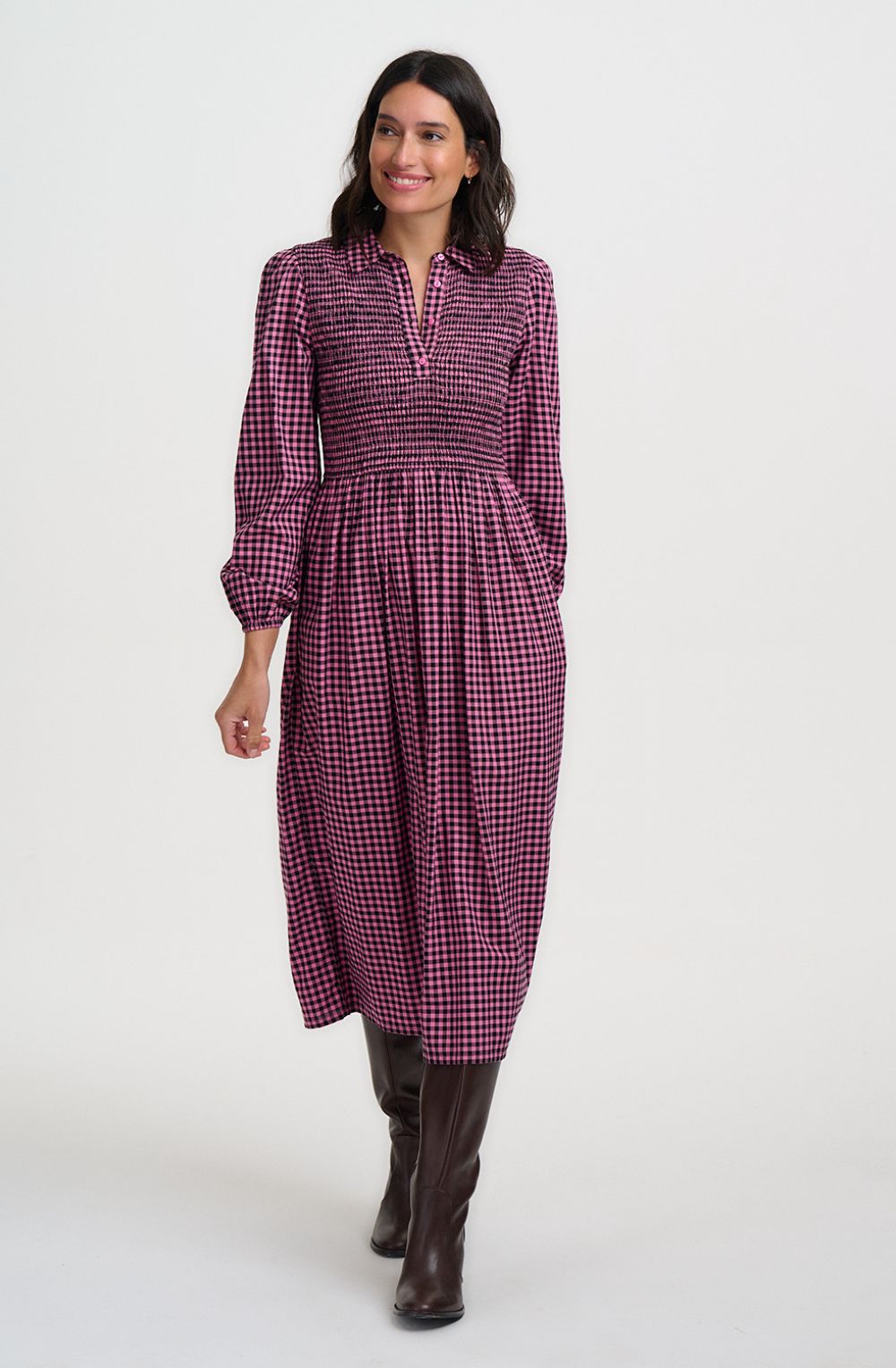 Rose Gingham Diana Shirred Midi Dress