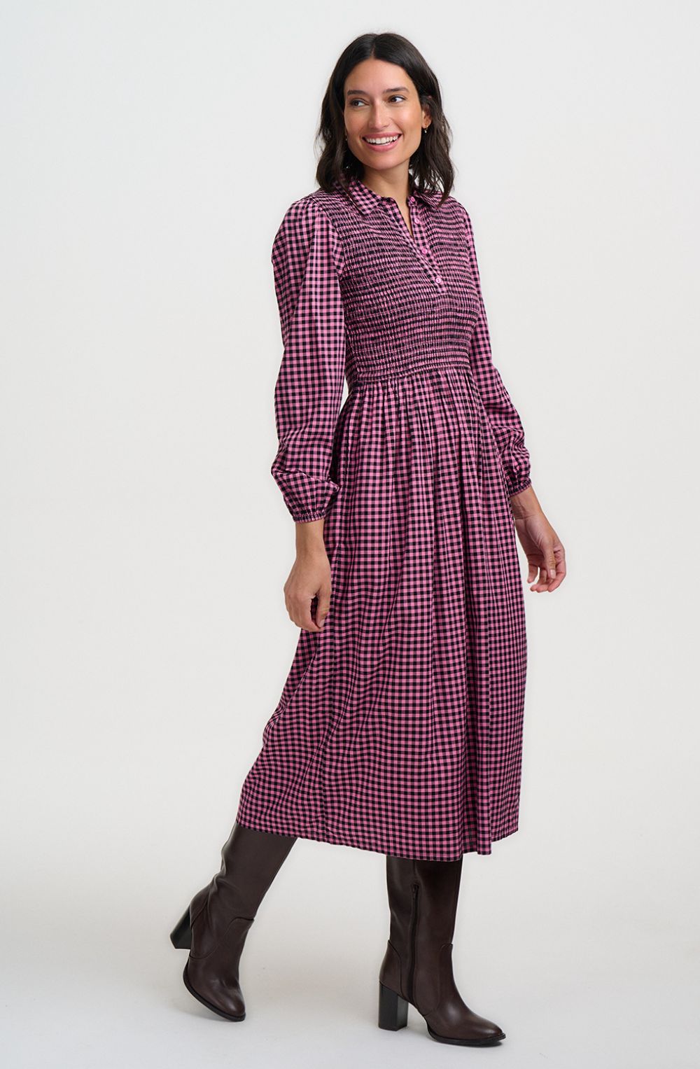 Rose Gingham Diana Shirred Midi Dress