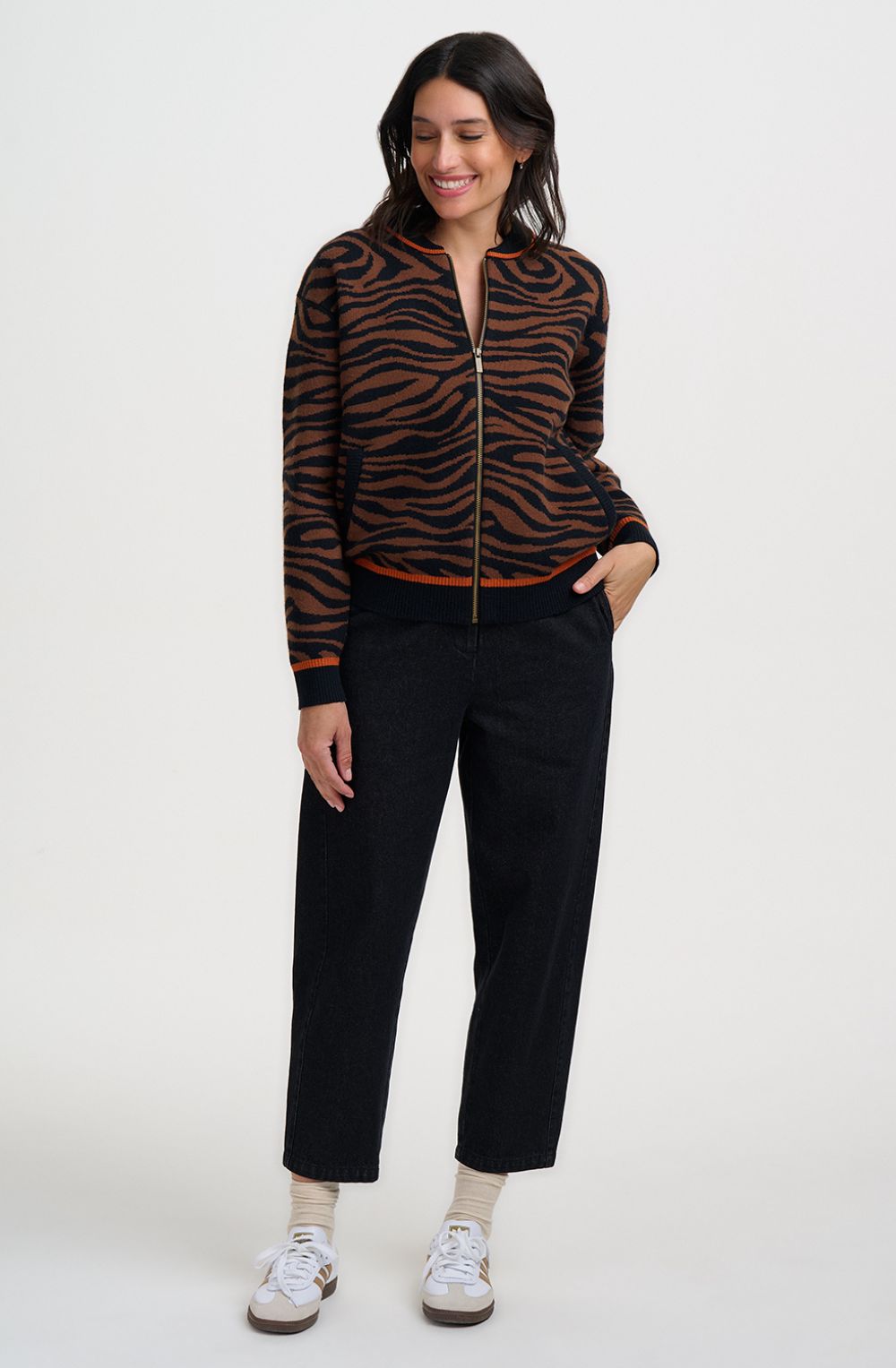 Brown Black Tiger Solana Knitted Bomber Jacket