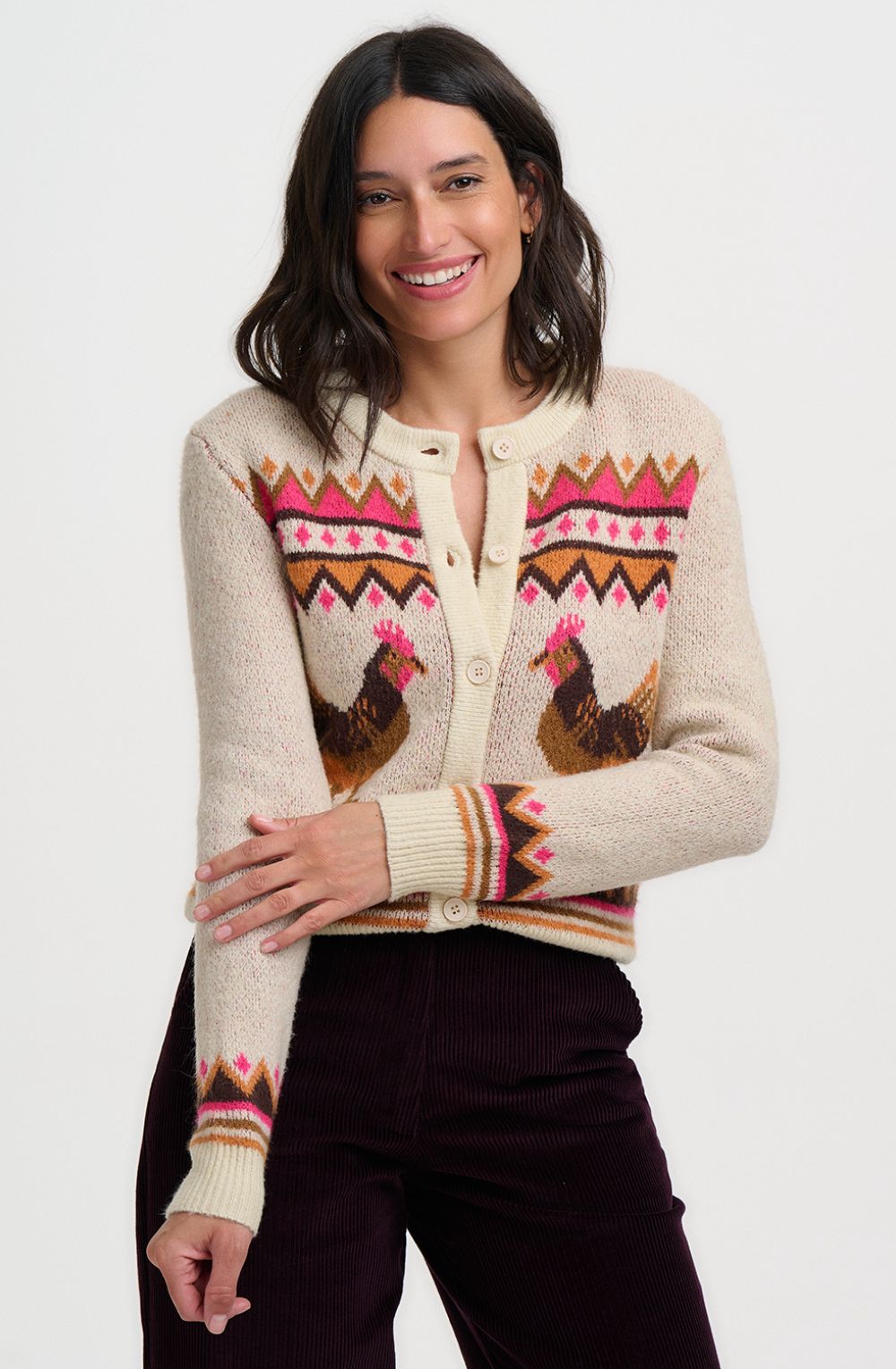 Cream Larisa Chicken Design Cardigan