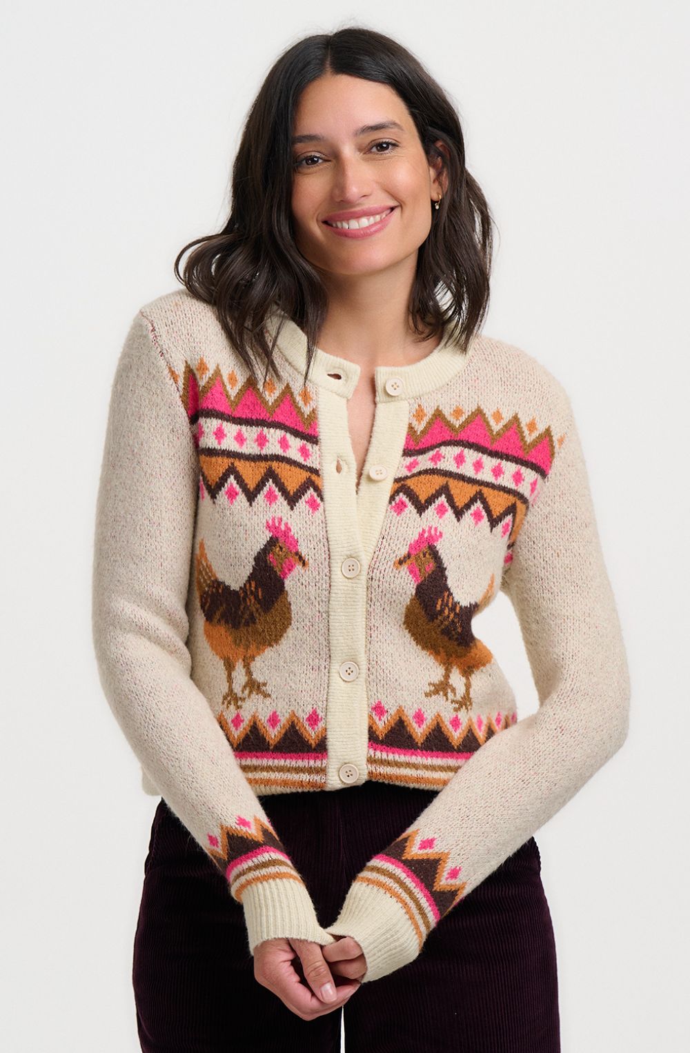 Cream Larisa Chicken Design Cardigan