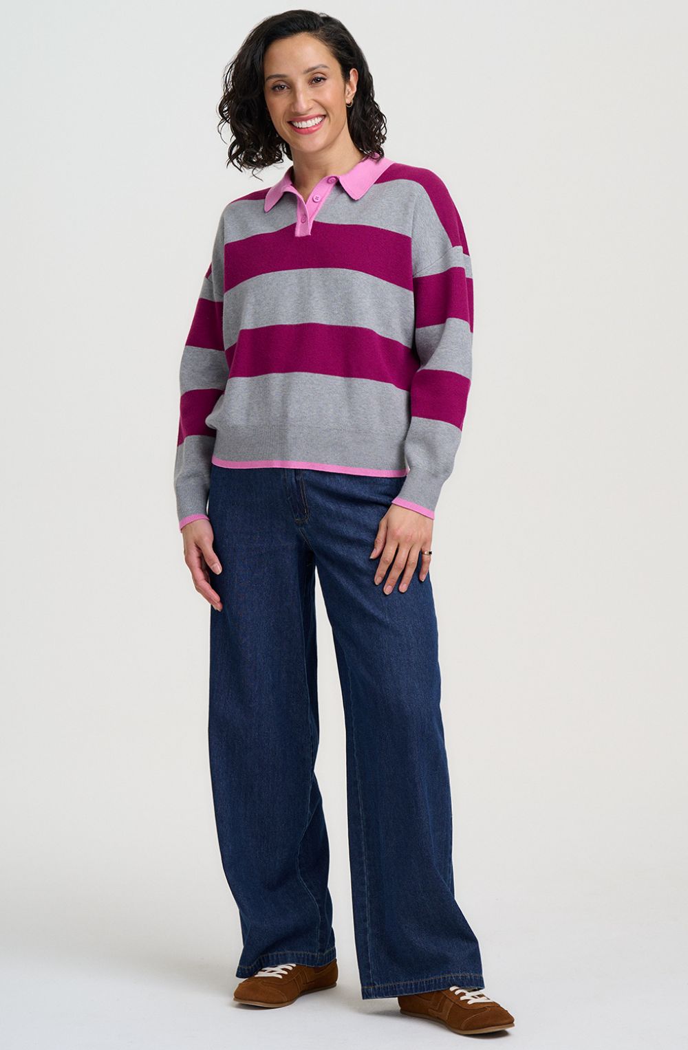 Grey Magenta Stripe Lana Henley Jumper