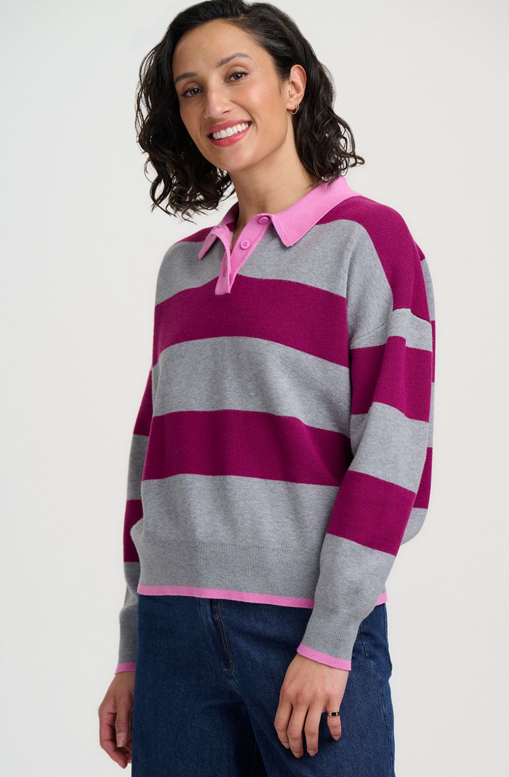 Grey Magenta Stripe Lana Henley Jumper
