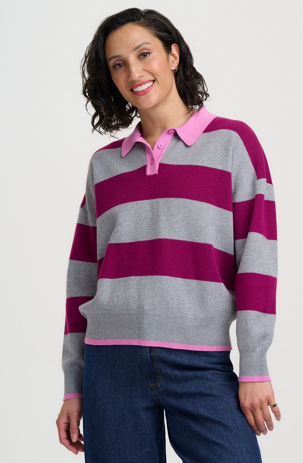 Grey Magenta Stripe Lana Henley Jumper