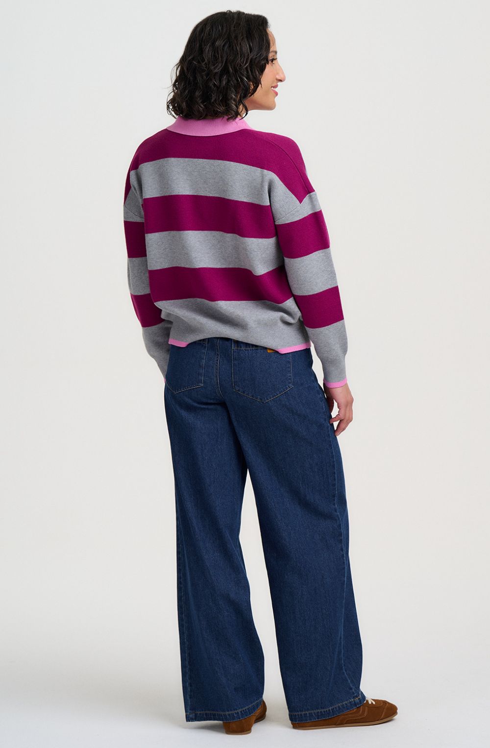 Grey Magenta Stripe Lana Henley Jumper
