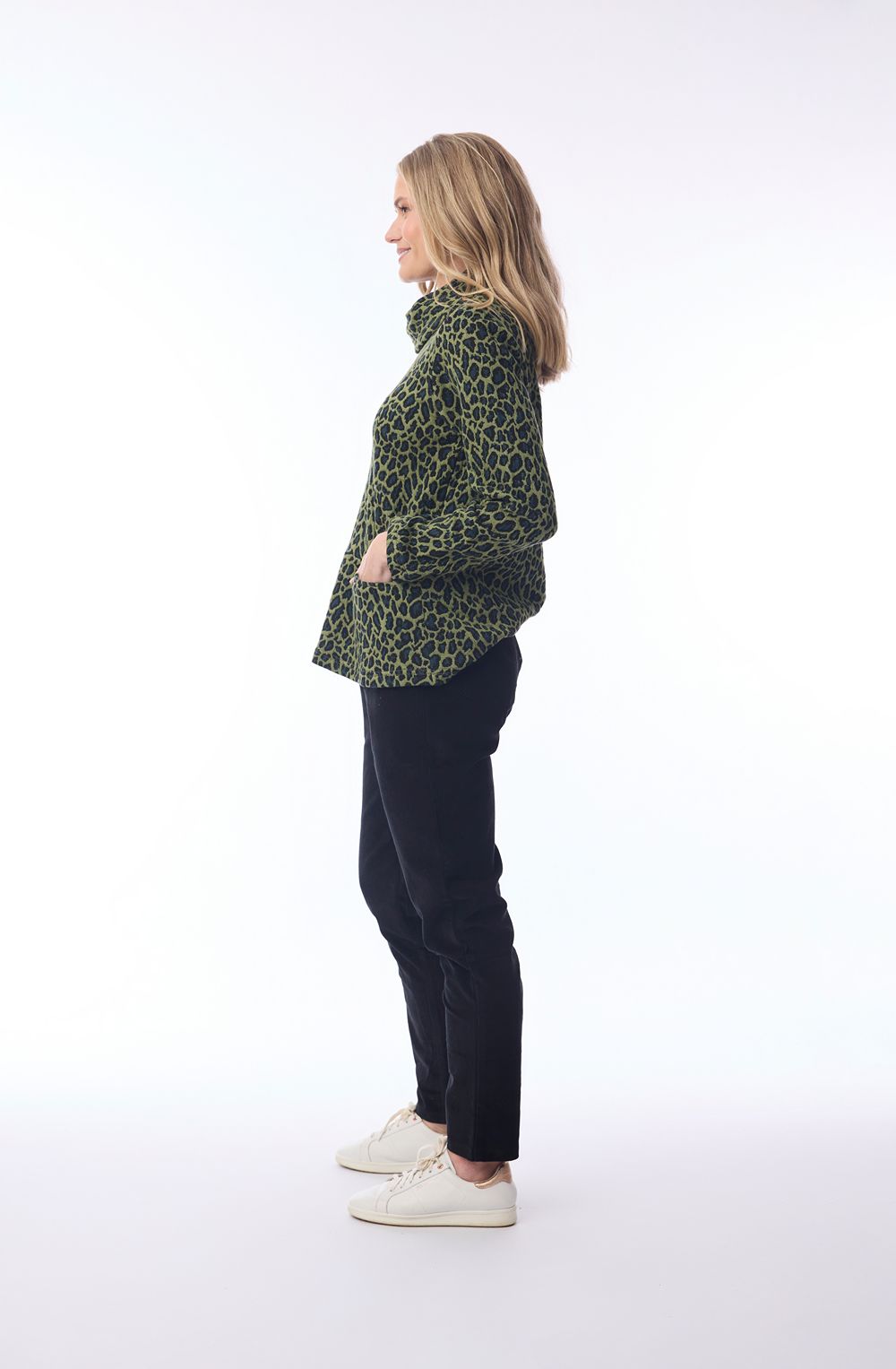 Green Keqioa Animal Print Cowl Neck Top