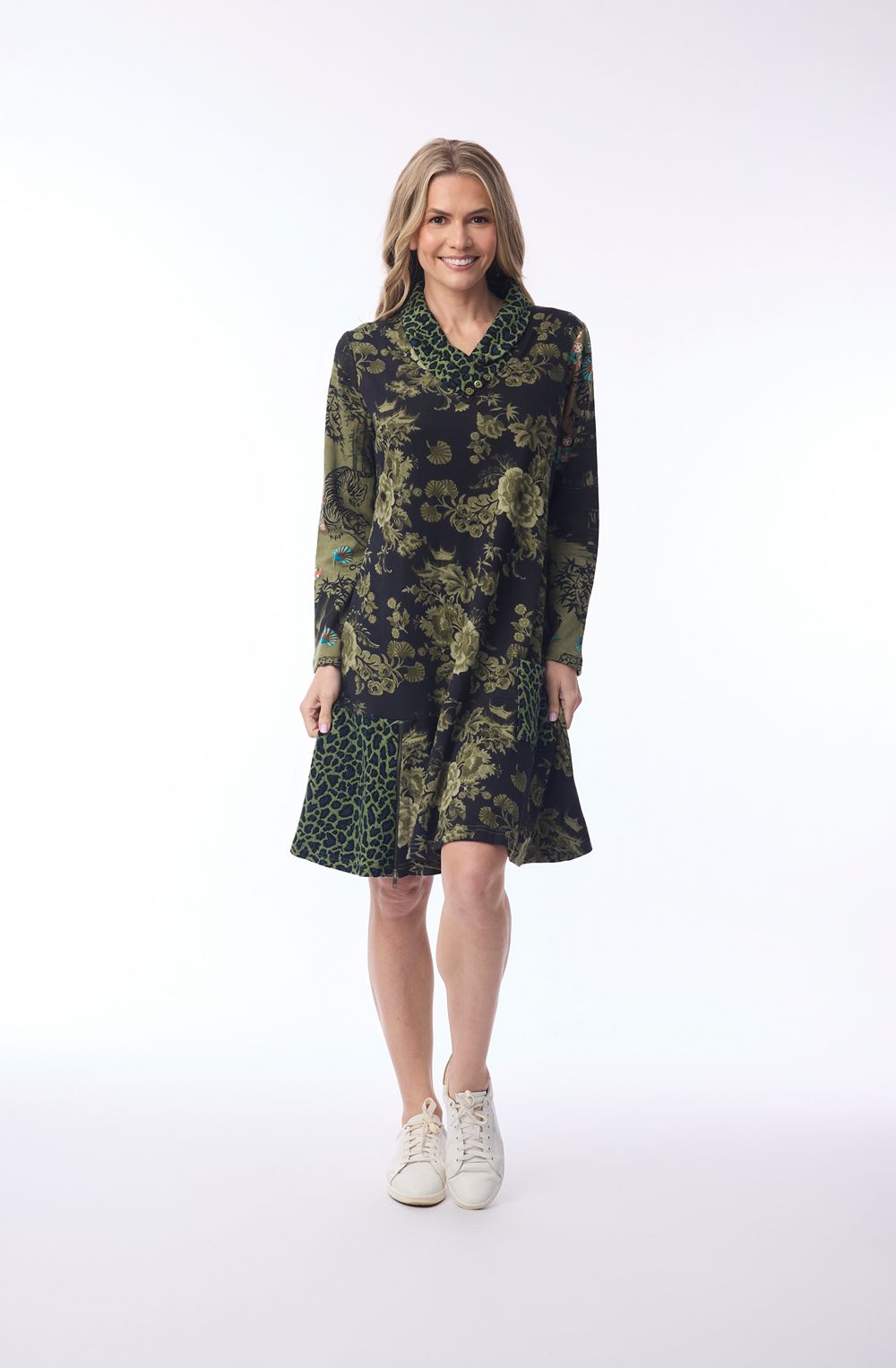 Green Keqioa Print Cowl Neck Dress