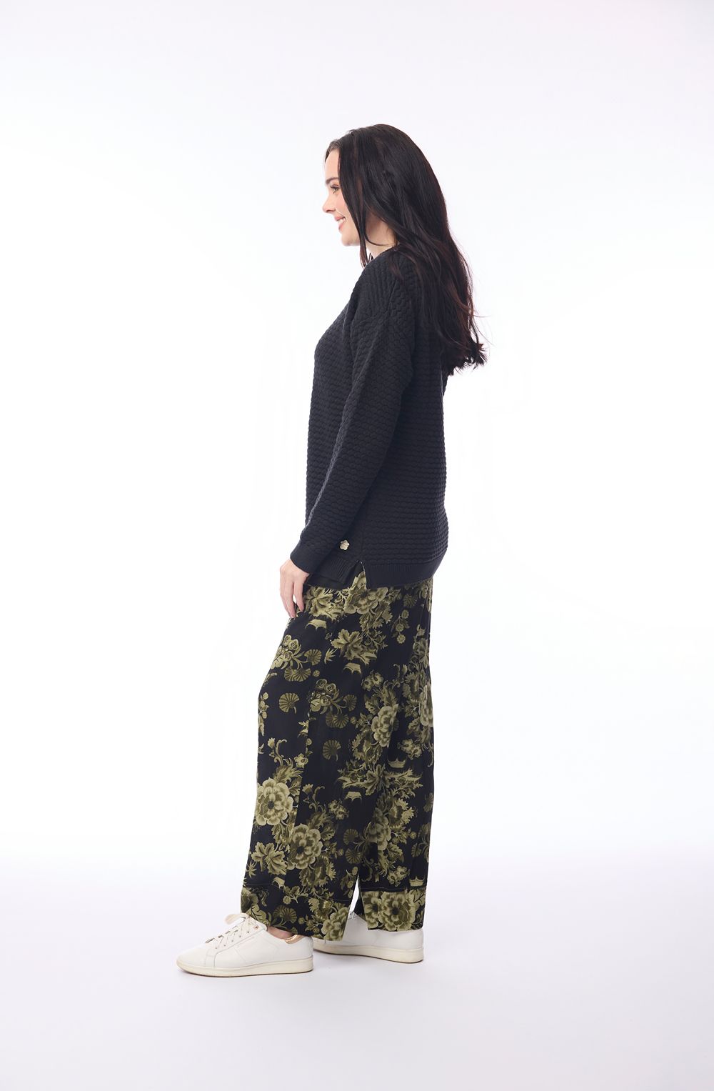 Green Keqioa Floral Wide Leg Cotton Mix Trousers