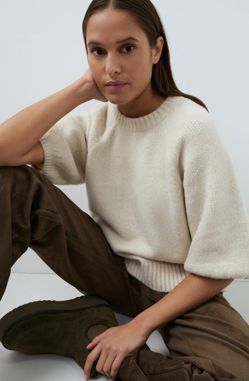 Off White Melange Oversized Short Sleeve Jumper