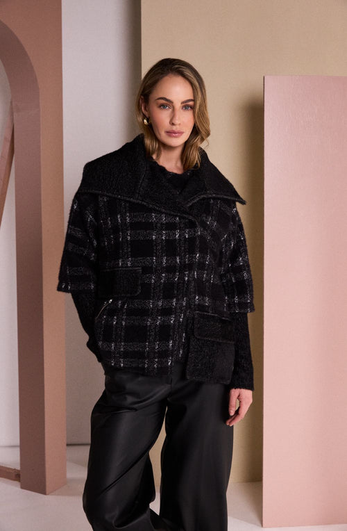 Black and Grey Checked Brushed Knit Jacket