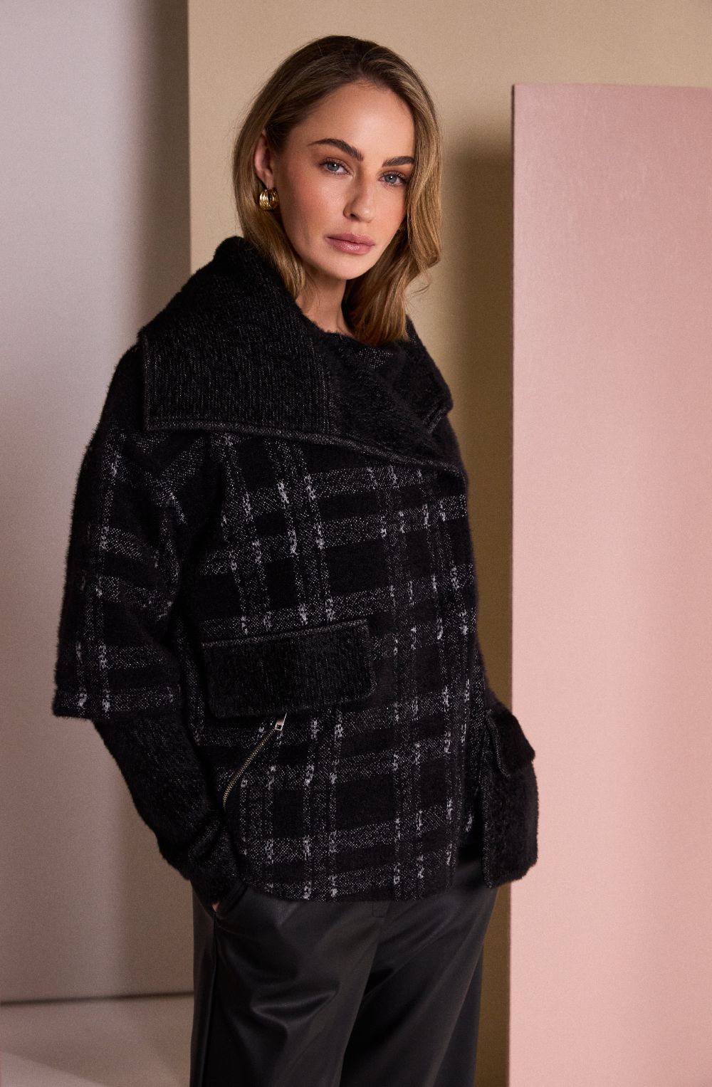 Black and Grey Checked Brushed Knit Jacket
