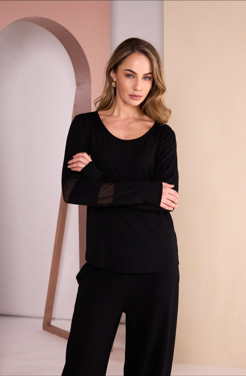 Black Mesh Panel Sleeve Top