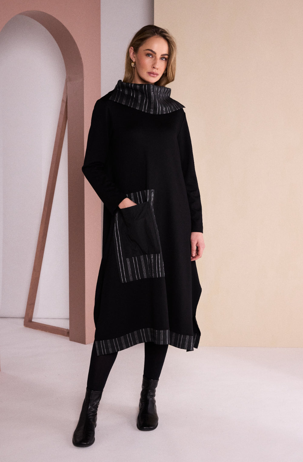 Black and Avocado Striped Panel Dress and Removable Snood