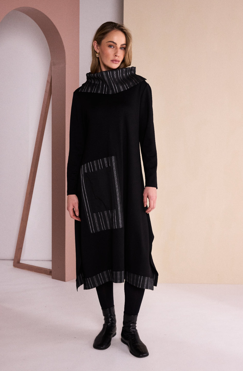 Black and Avocado Striped Panel Dress and Removable Snood