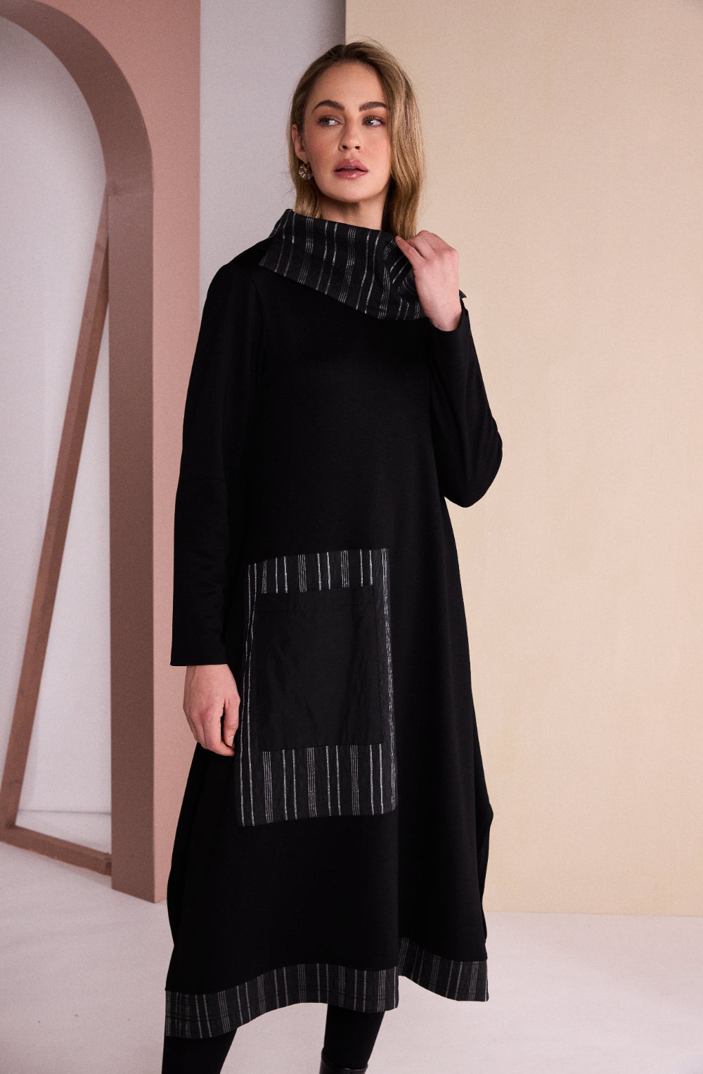 Black and Avocado Striped Panel Dress and Removable Snood