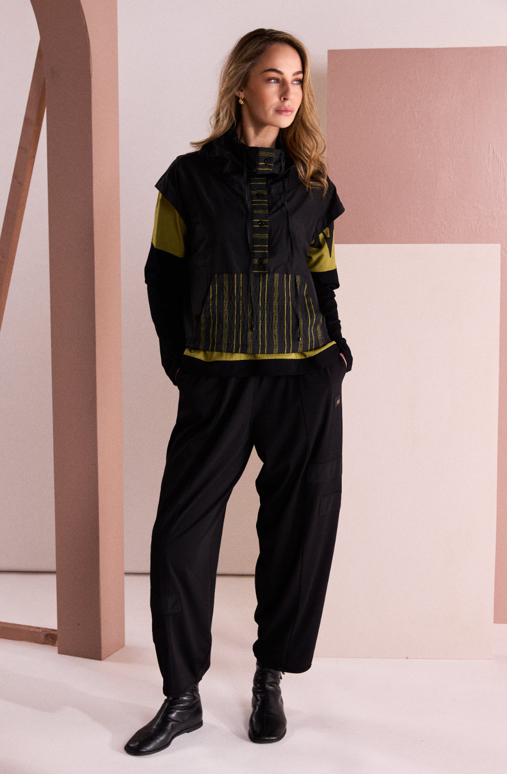 Black and Avocado Striped Panel Funnel Neck Waistcoat
