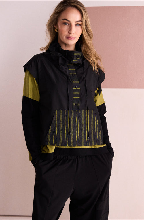 Black and Avocado Striped Panel Funnel Neck Waistcoat