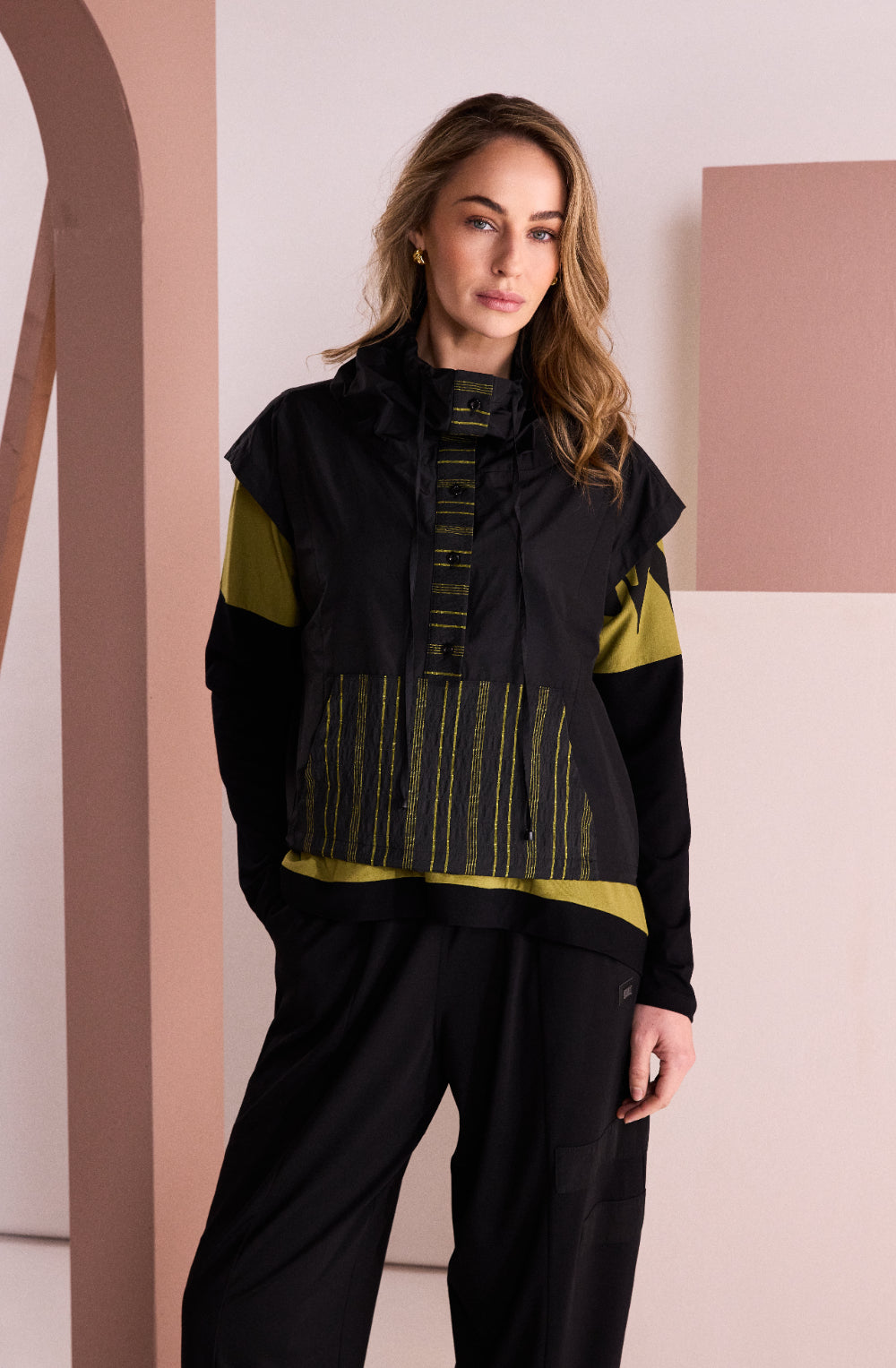 Black and Avocado Striped Panel Funnel Neck Waistcoat