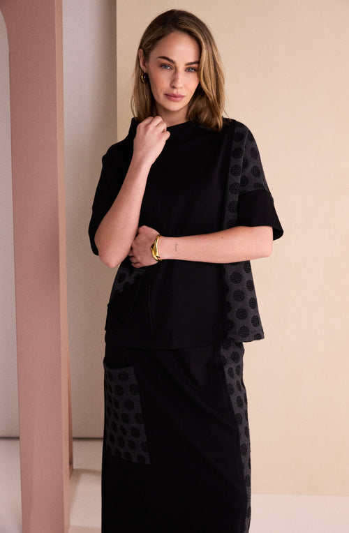 Black and Grey Spotted Panel Funnel Neck Top