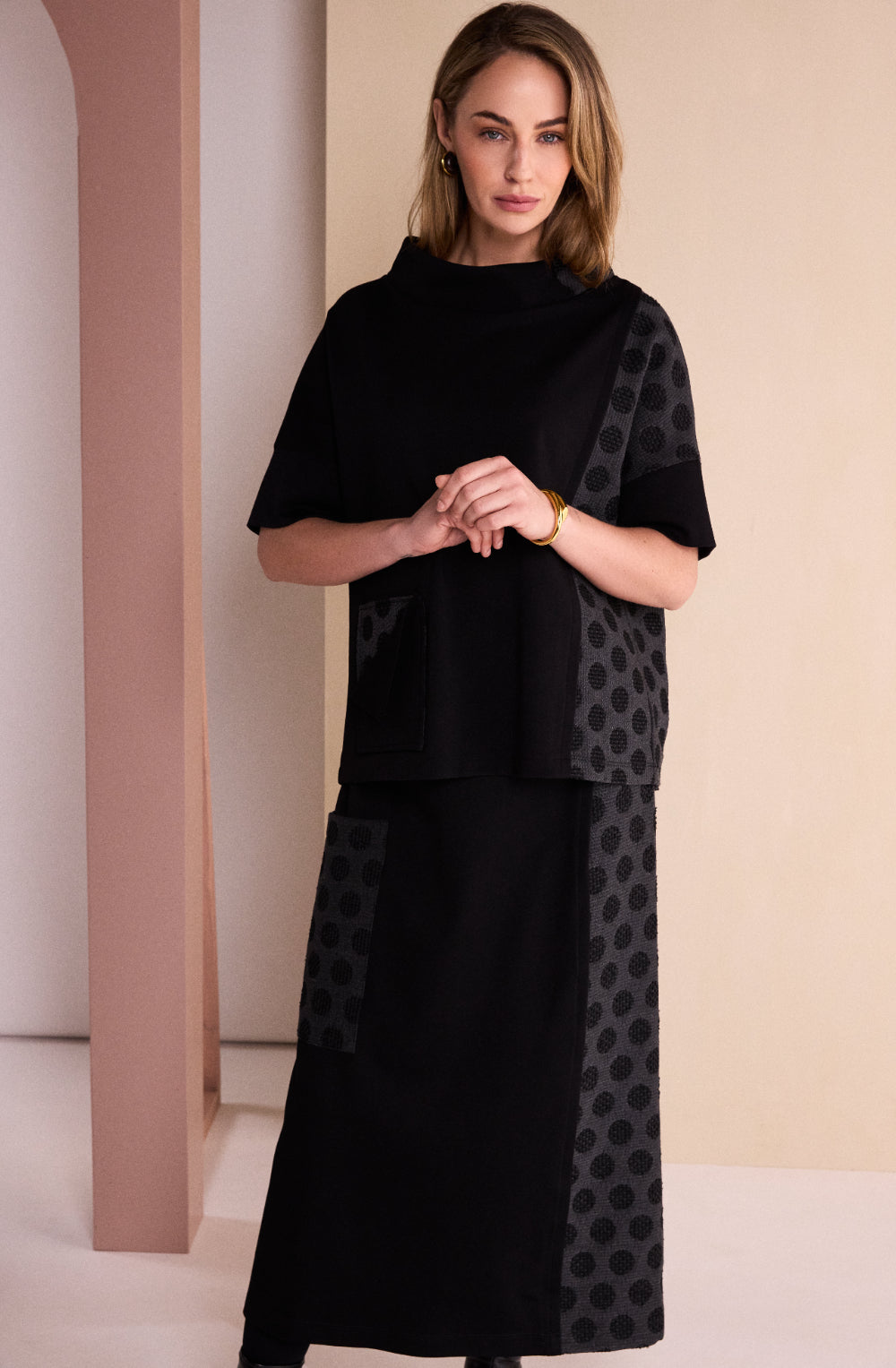 Black and Grey Spotted Panel Funnel Neck Top