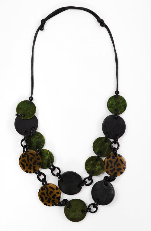 Avocado and Black Linked Disc Necklace