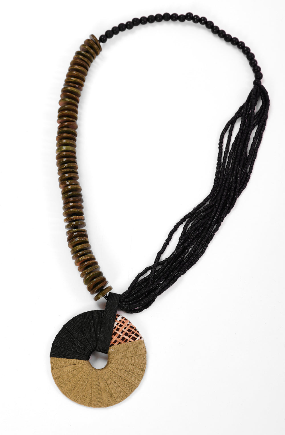 Black and Avocado Bead and Disc Necklace
