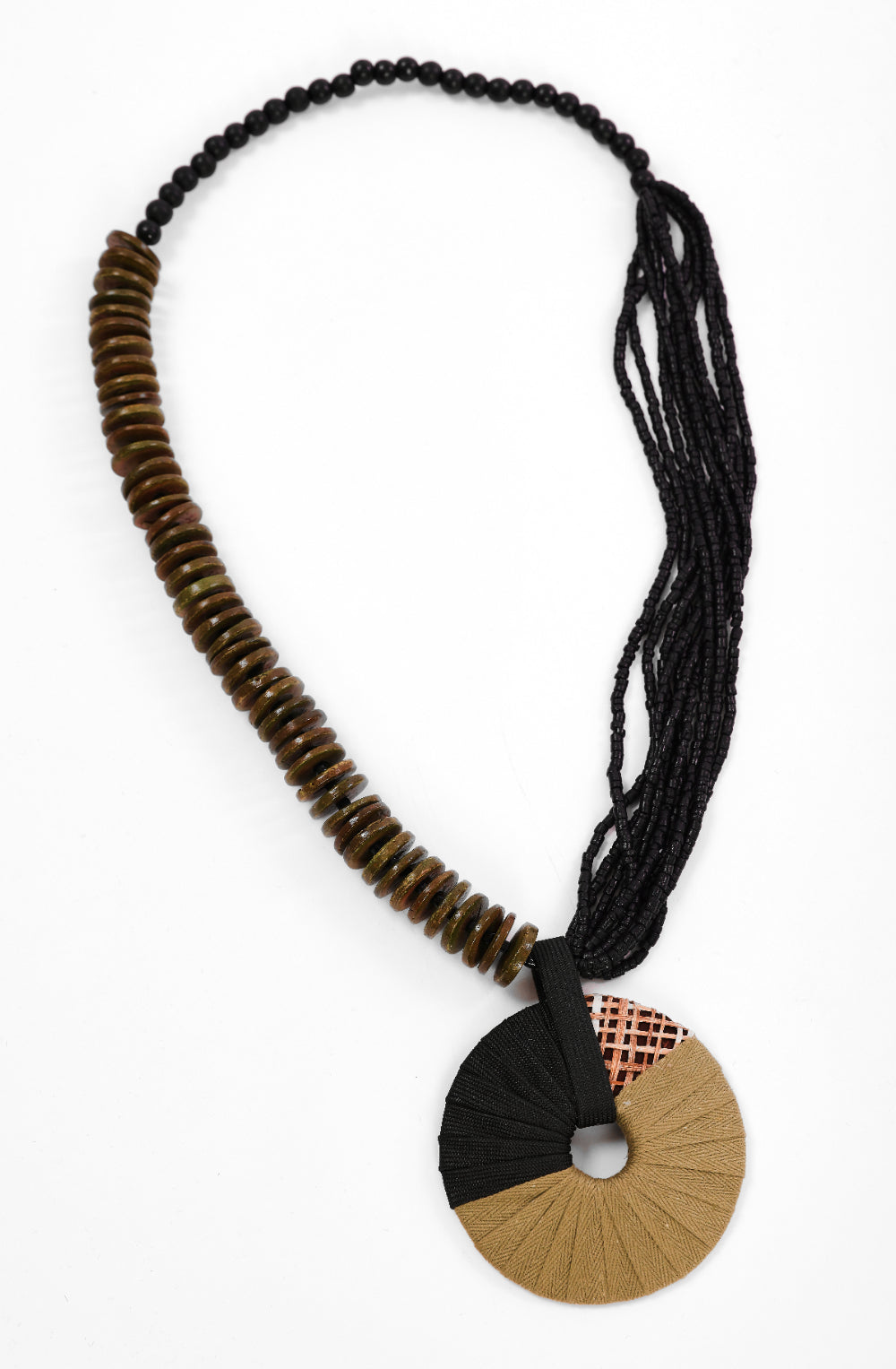 Black and Avocado Bead and Disc Necklace
