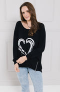 Black Painted Silver Heart Zip top