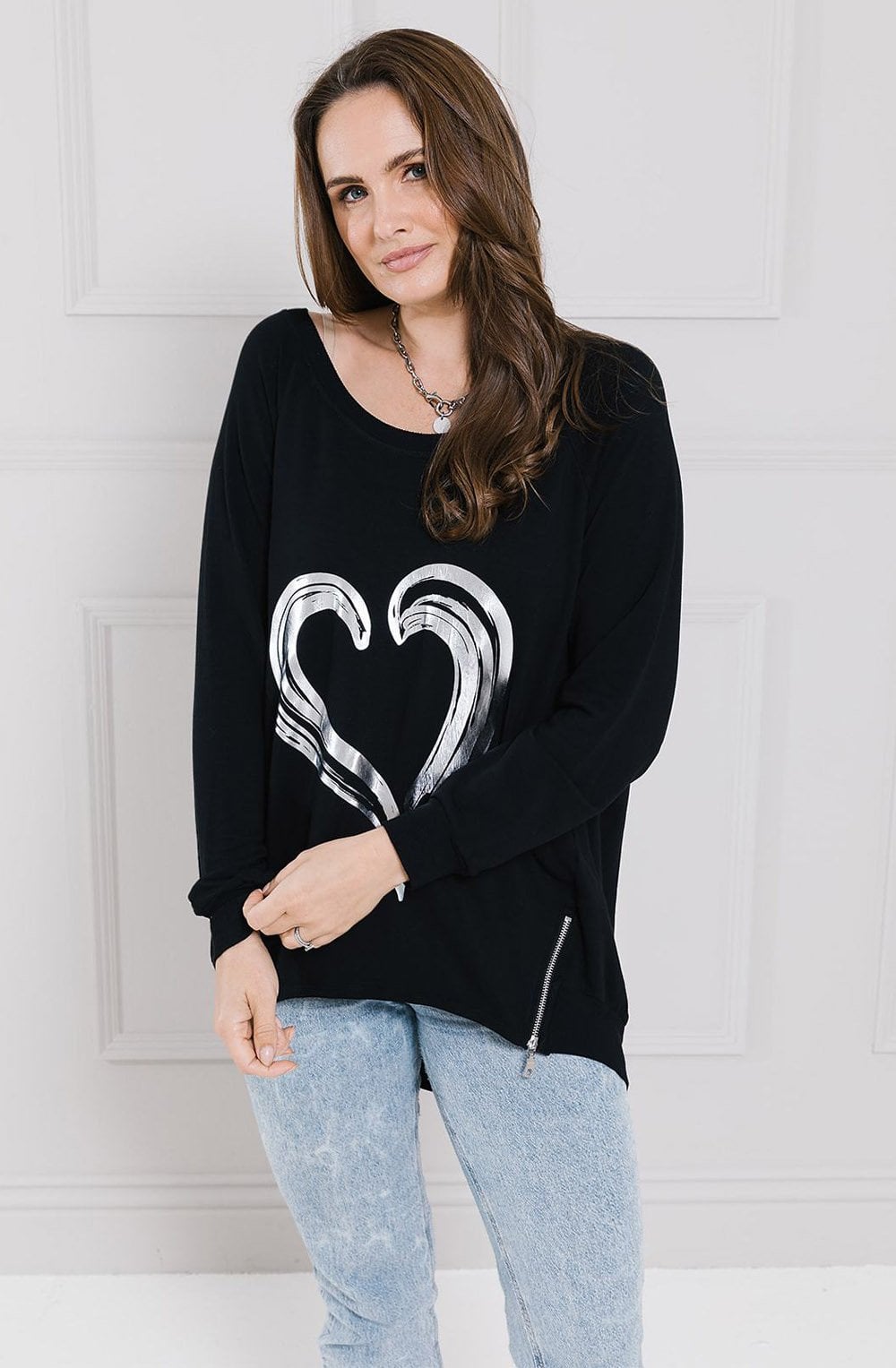 Black Painted Silver Heart Zip top