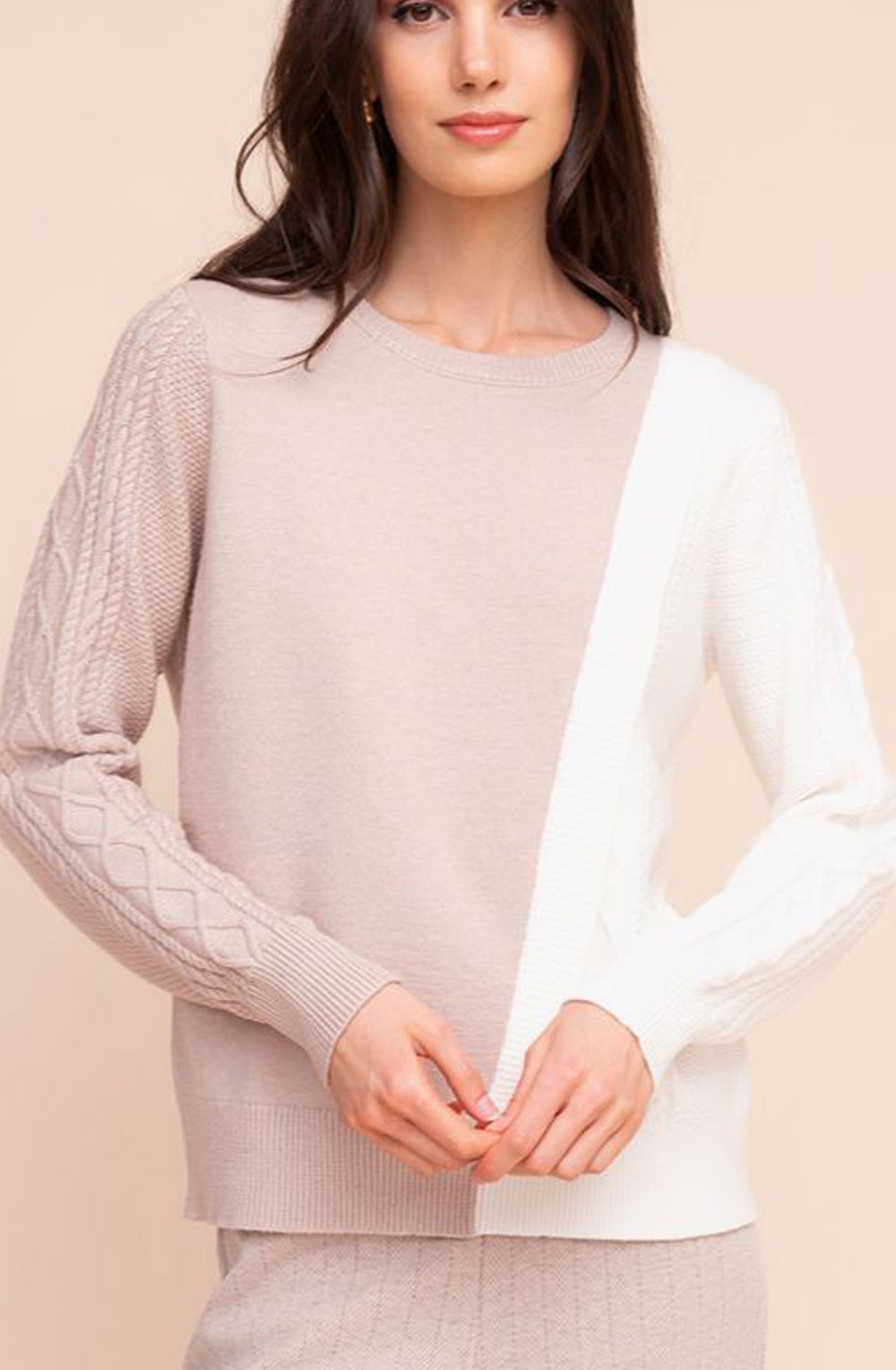 Beige and Cream Asymmetric Mixed Knit Jumper