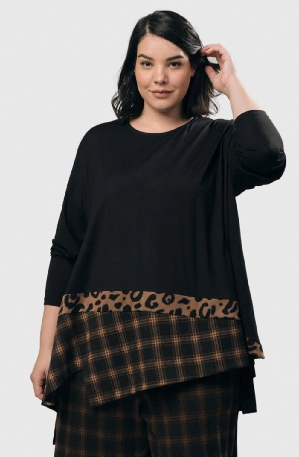 Ginger Animal Print and Plaid Asymmetric Top
