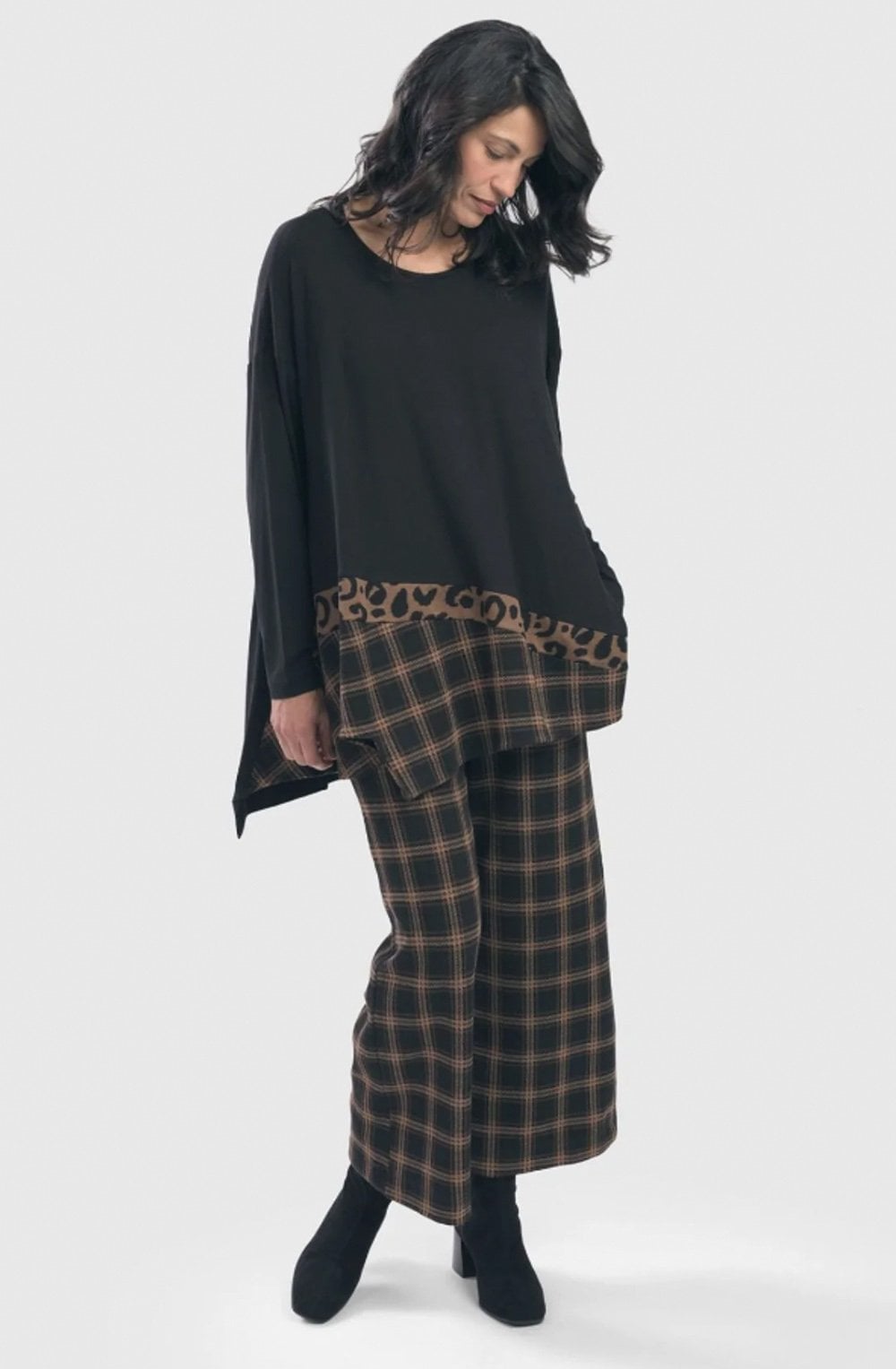 Ginger Animal Print and Plaid Asymmetric Top