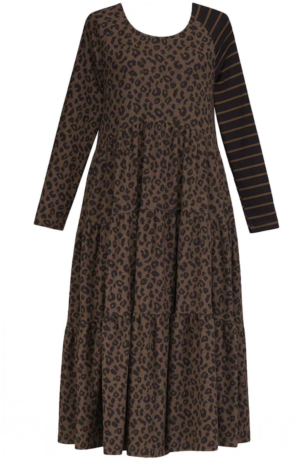 Khaki Leopard & Stripe Print Dress